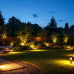 A photograph of a beautifully illuminated backyard at dusk