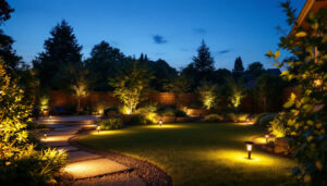 A photograph of a beautifully illuminated backyard at dusk