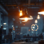 A photograph of a well-lit industrial workspace showcasing various modern light fixtures in use