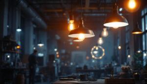 A photograph of a well-lit industrial workspace showcasing various modern light fixtures in use