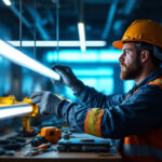 A photograph of a lighting contractor installing led lighting tubes in a modern workspace