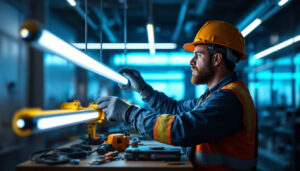 A photograph of a lighting contractor installing led lighting tubes in a modern workspace