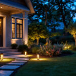 A photograph of a beautifully illuminated outdoor space featuring a variety of stylish lighting fixtures