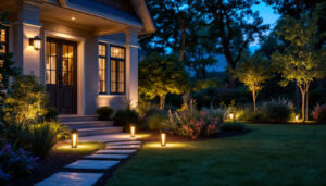 A photograph of a beautifully illuminated outdoor space featuring a variety of stylish lighting fixtures