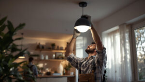 A photograph of a skilled lighting contractor installing a modern ceiling light fixture in a beautifully designed room