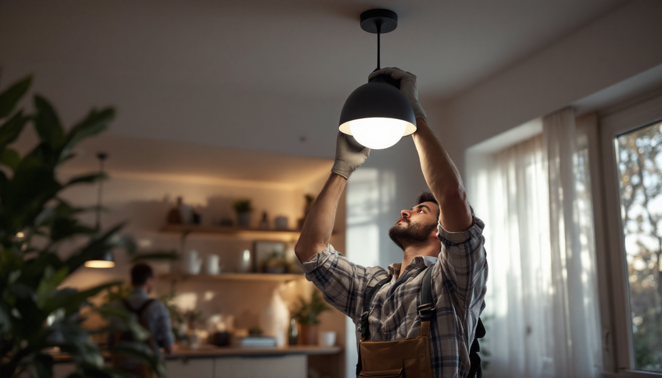 A photograph of a skilled lighting contractor installing a modern ceiling light fixture in a beautifully designed room