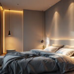A photograph of a beautifully designed bedroom showcasing recessed lighting