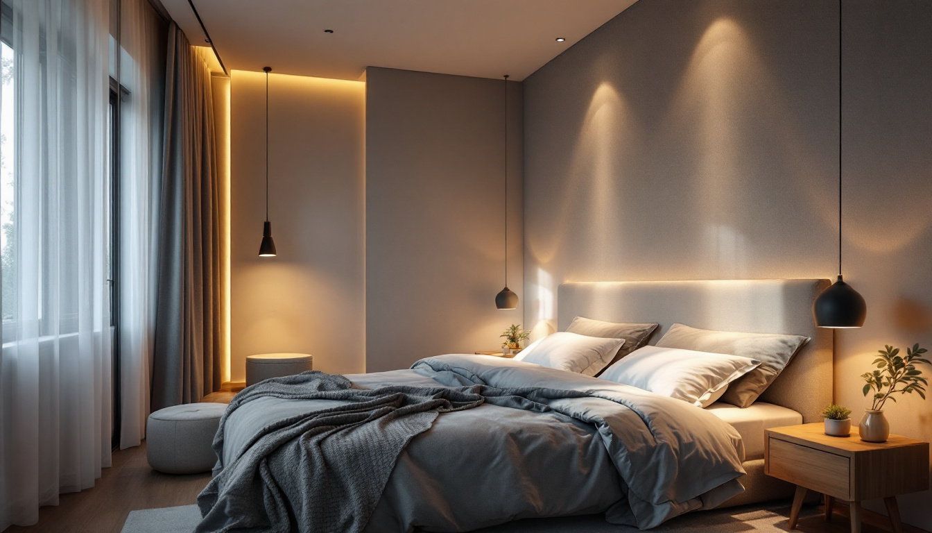 A photograph of a beautifully designed bedroom showcasing recessed lighting
