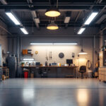 A photograph of a well-lit garage showcasing various types of lighting fixtures—such as led lights
