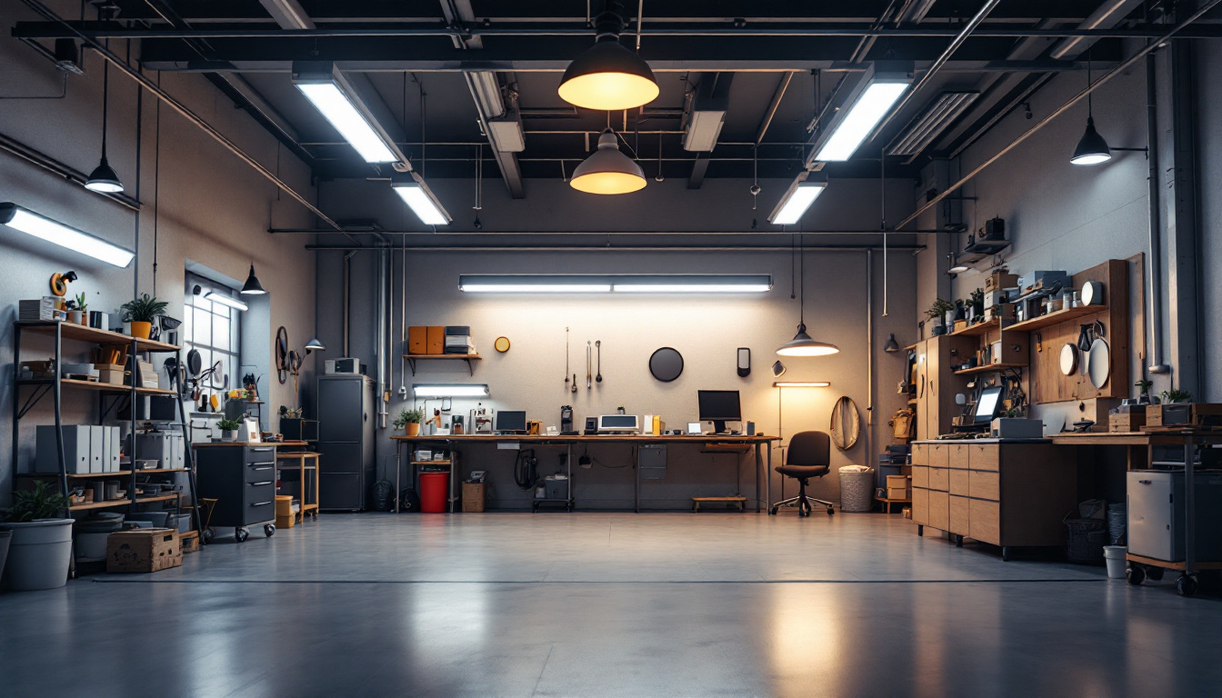 A photograph of a well-lit garage showcasing various types of lighting fixtures—such as led lights