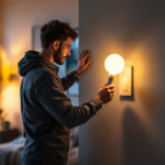 A photograph of a lighting contractor installing or adjusting a 0-10v dimmer switch in a modern residential setting