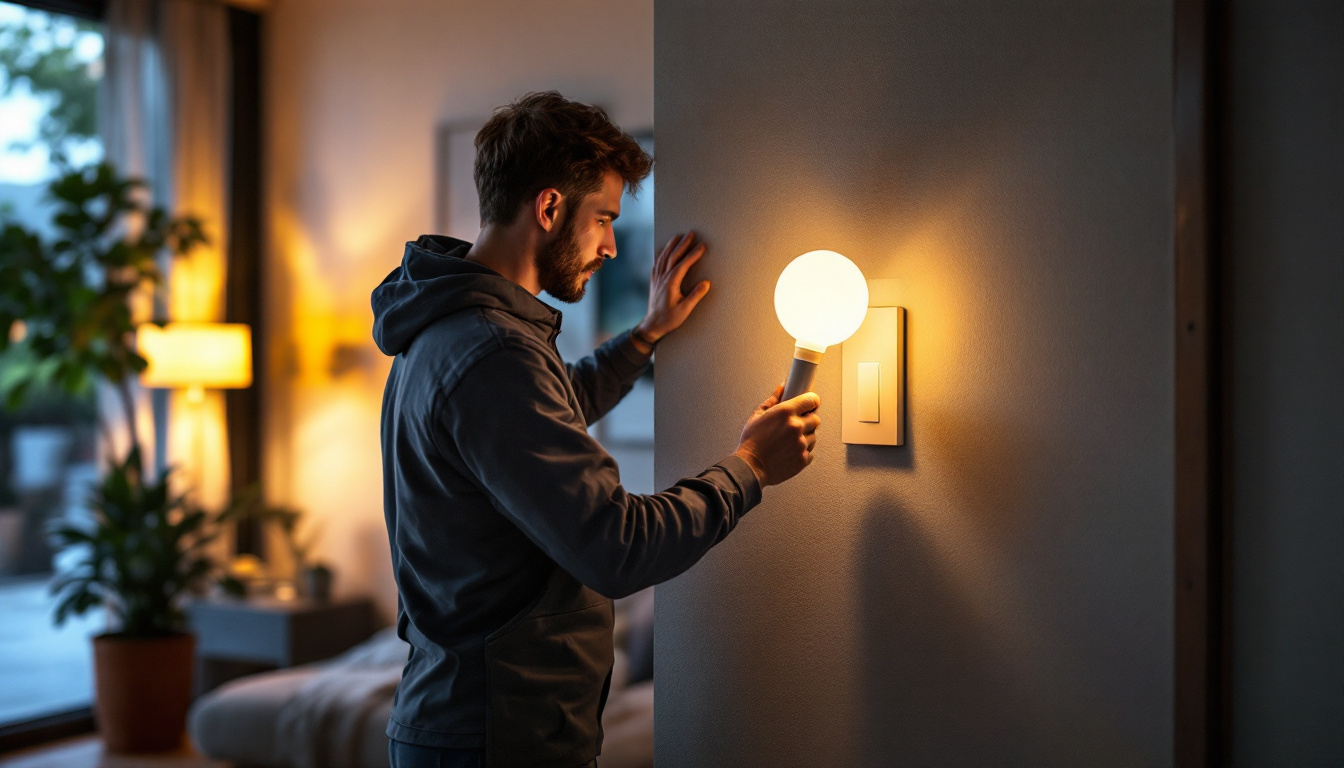 A photograph of a lighting contractor installing or adjusting a 0-10v dimmer switch in a modern residential setting