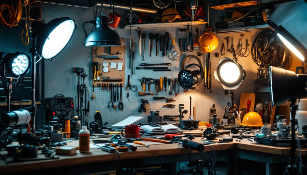 A photograph of a well-organized lighting workshop featuring essential tools and equipment used by lighting contractors