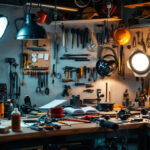 A photograph of a well-organized lighting workshop featuring essential tools and equipment used by lighting contractors