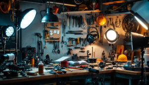 A photograph of a well-organized lighting workshop featuring essential tools and equipment used by lighting contractors