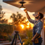 A photograph of a lighting contractor installing an outdoor ceiling light fixture in a beautifully landscaped patio area during the golden hour
