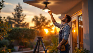 A photograph of a lighting contractor installing an outdoor ceiling light fixture in a beautifully landscaped patio area during the golden hour