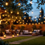 A photograph of a beautifully illuminated outdoor space at dusk