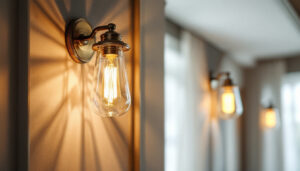A photograph of a beautifully designed sconce lamp installed in an elegantly lit interior space