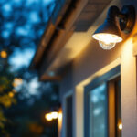 A photograph of a well-lit outdoor space featuring various security lights in action