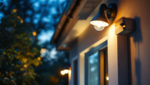 A photograph of a well-lit outdoor space featuring various security lights in action