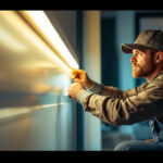 A photograph of a lighting contractor installing a vibrant led strip lamp in a modern residential or commercial space
