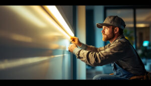 A photograph of a lighting contractor installing a vibrant led strip lamp in a modern residential or commercial space