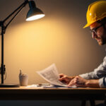 A photograph of a well-lit workspace featuring a stylish desk lamp in use