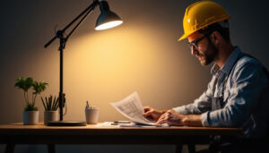 A photograph of a well-lit workspace featuring a stylish desk lamp in use
