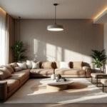 A photograph of a stylish living room featuring a modern ceiling lamp