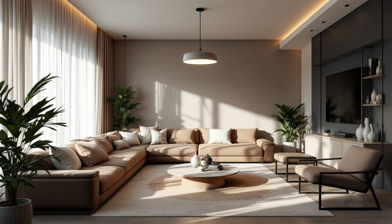 A photograph of a stylish living room featuring a modern ceiling lamp