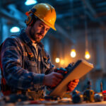 A photograph of a skilled lighting contractor in action