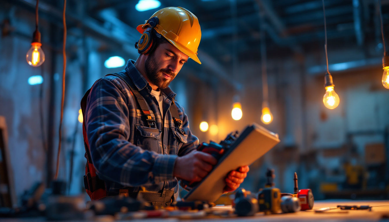 A photograph of a skilled lighting contractor in action