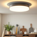 A photograph of a stylish and modern ceiling light flush mount installed in a well-lit room