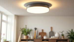 A photograph of a stylish and modern ceiling light flush mount installed in a well-lit room
