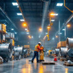 A photograph of a busy warehouse environment showcasing various types of industrial fans in action