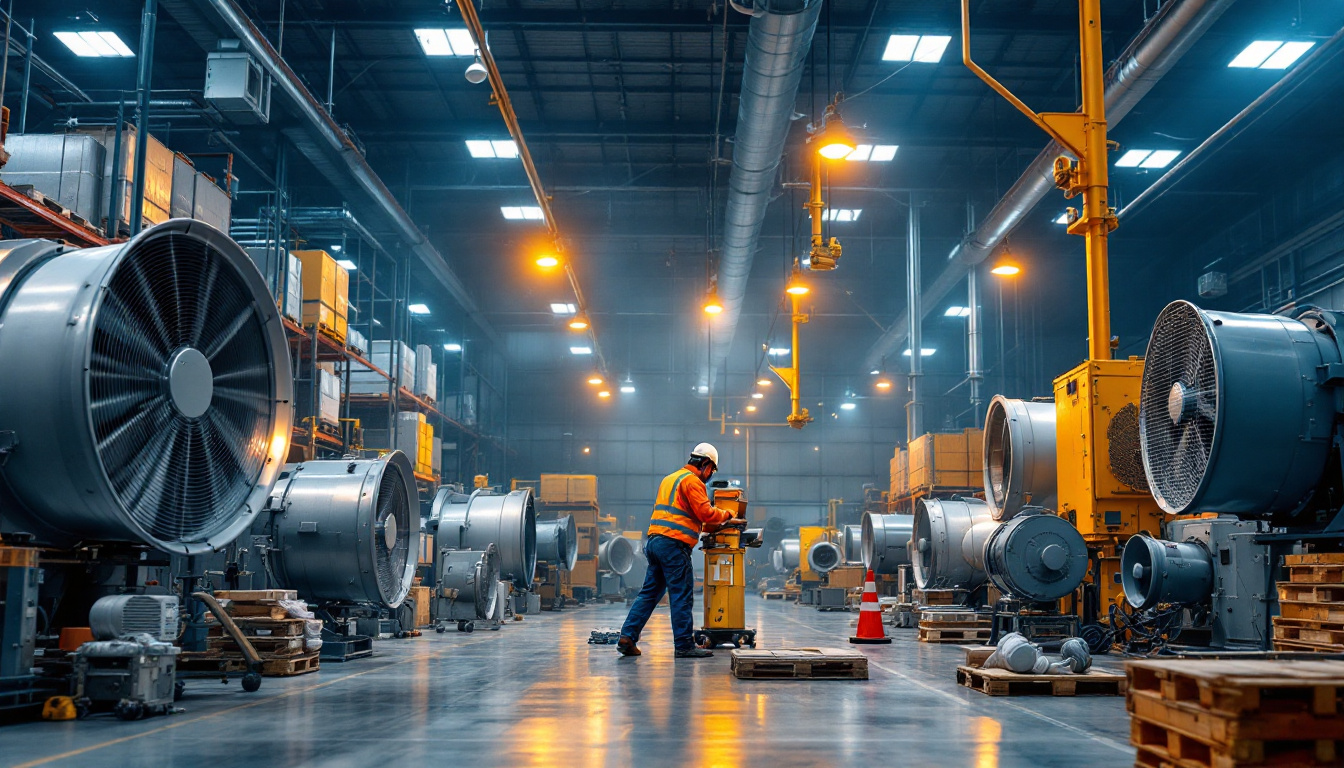 A photograph of a busy warehouse environment showcasing various types of industrial fans in action