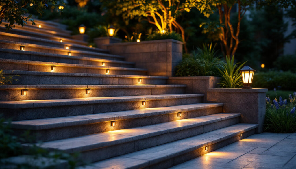 A photograph of a beautifully illuminated outdoor staircase at dusk