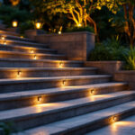 A photograph of a beautifully illuminated outdoor staircase at dusk