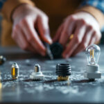 A photograph of a close-up shot of various light bulb connectors and their alternatives laid out on a workbench