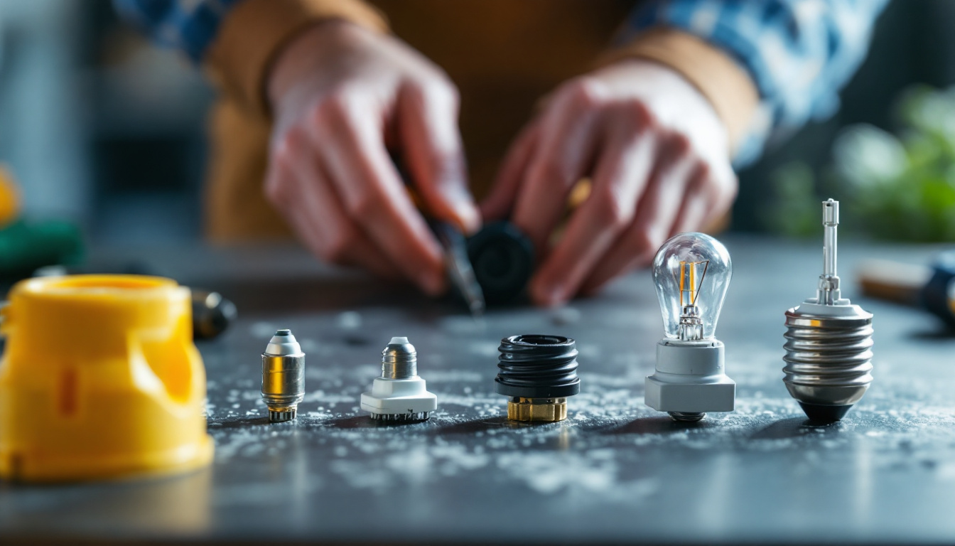 A photograph of a close-up shot of various light bulb connectors and their alternatives laid out on a workbench