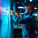 A photograph of a lighting contractor in action