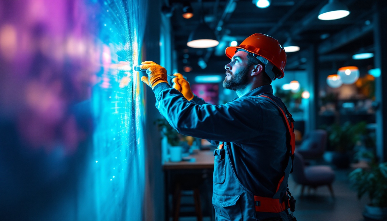 A photograph of a lighting contractor in action