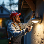 A photograph of a lighting contractor installing or demonstrating rohs light solar fixtures in a residential or commercial setting