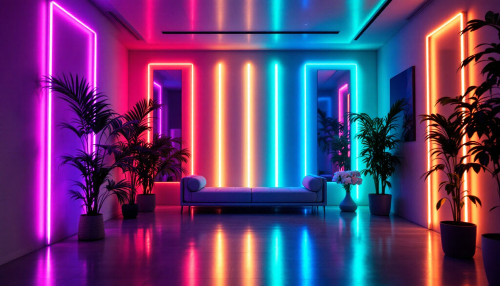 A photograph of a beautifully lit room featuring vibrant led light strips in various colors and designs