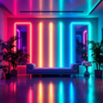 A photograph of a beautifully lit room featuring vibrant led light strips in various colors and designs