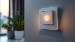 A photograph of a modern illuminated light switch in a stylish