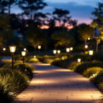 A photograph of a beautifully illuminated outdoor pathway at dusk