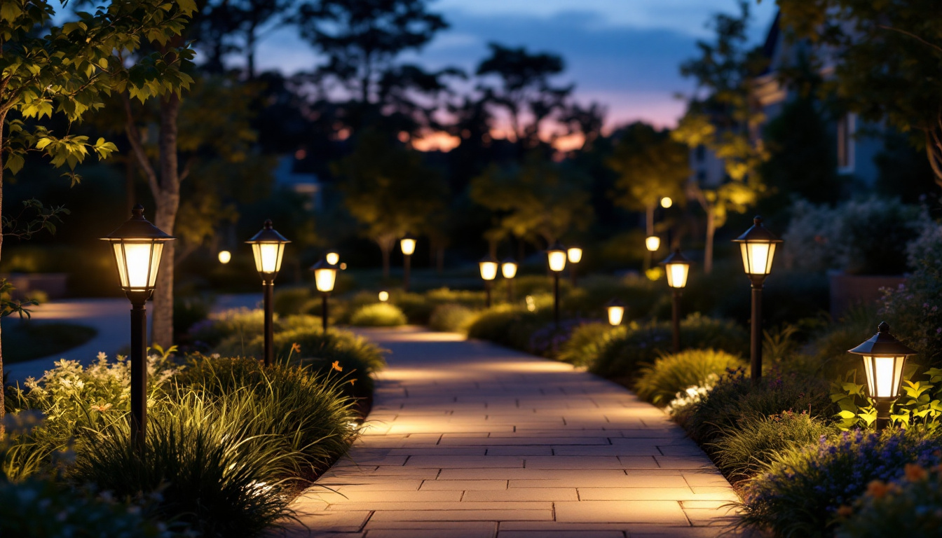 A photograph of a beautifully illuminated outdoor pathway at dusk