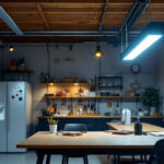 A photograph of a well-lit workshop or garage featuring 4-foot led shop lights in action